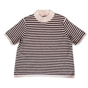 Loft Short Sleeve Cream and Dark Red Striped Cowl Neck Sweater, Size Large